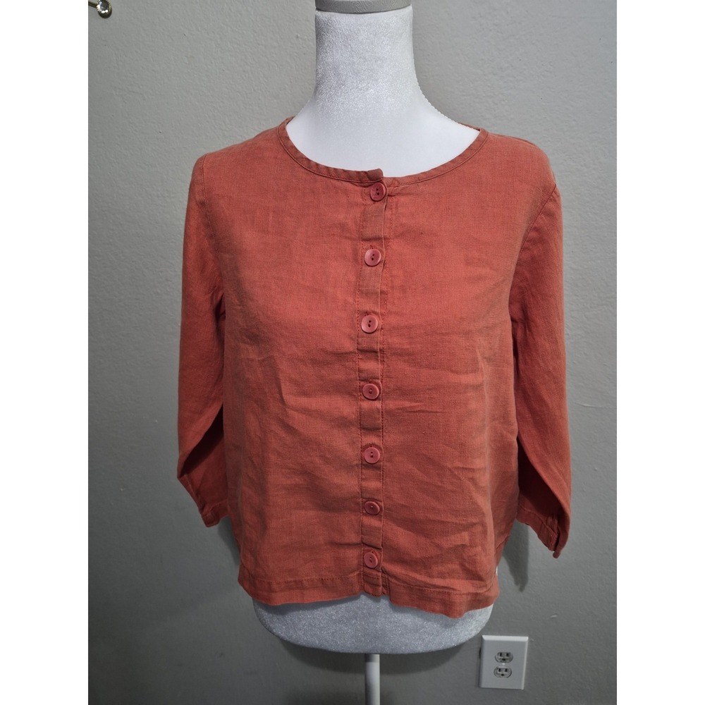 Flax Linen Women's‎ Cropped Top Size P 4/6 Orange Long Sleeve Lagenlook Layering